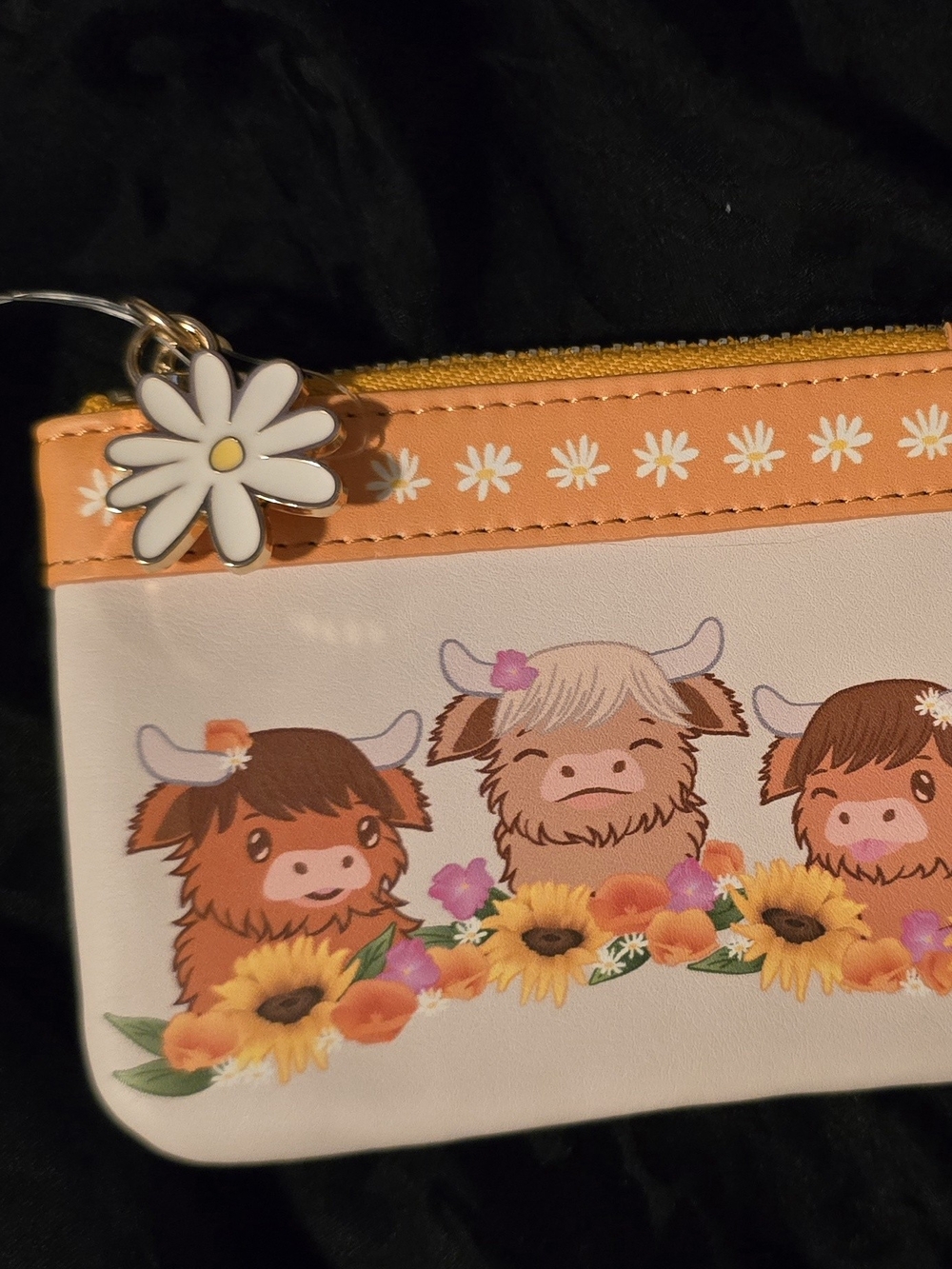 Floral Highland Cow Coin Pouch - Orange Daisy Charm